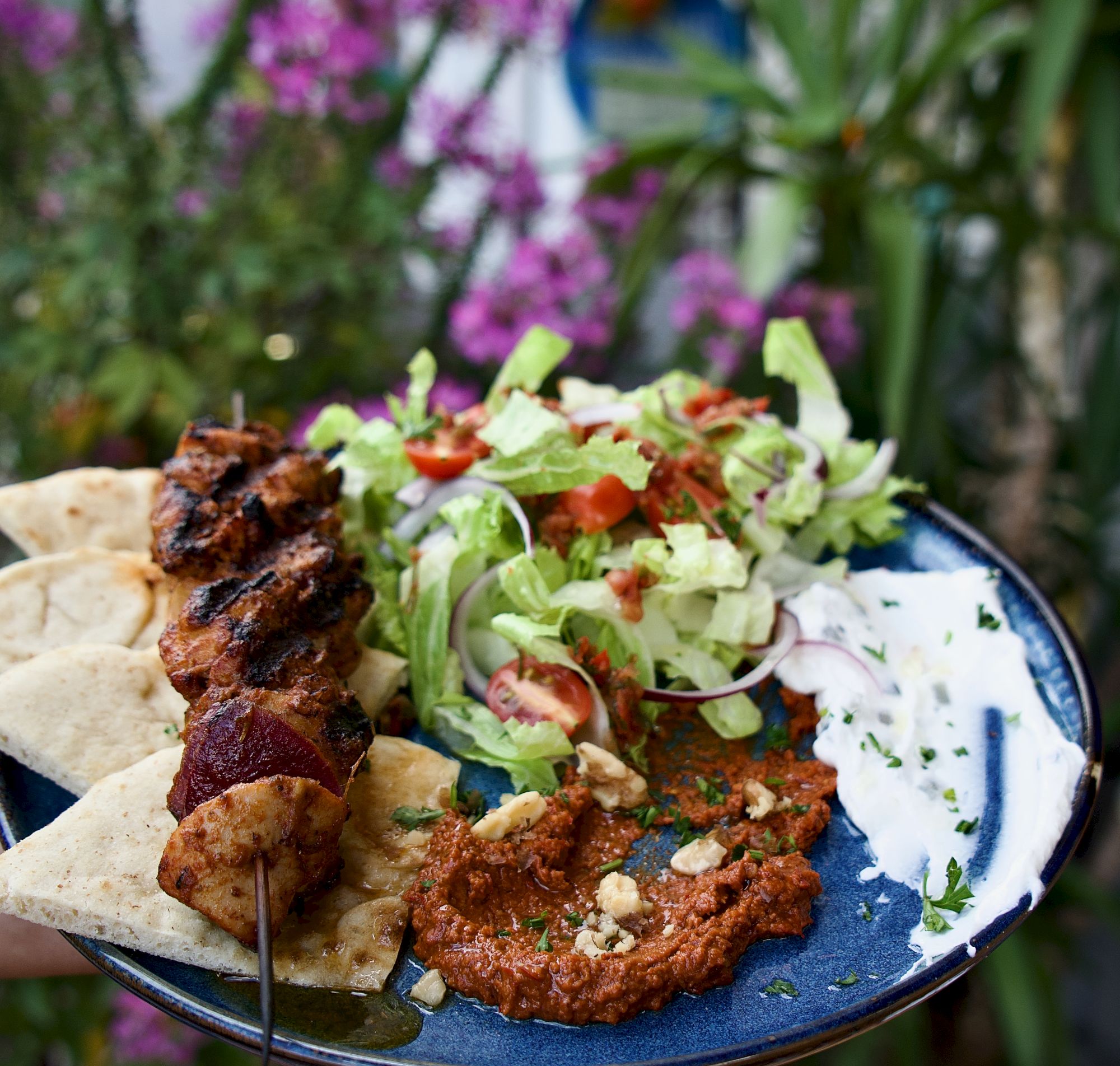A plate with Greek-style foods: skewer kebabs, pita bread, a fresh salad with feta, cucumber-yogurt sauce, and fried onion rings on the side.